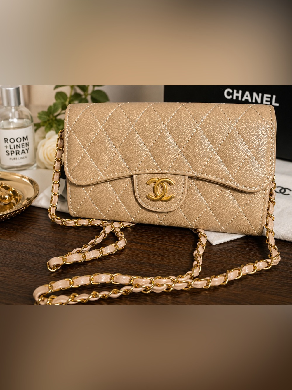 CC Beige Quilted Leather Crossbody Bag